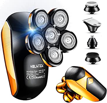 Electric Razor for Men, YBLNTEK Upgrade 5-in-1 Bald Head Shaver Cordless LED Mens Electric Shavers IPX7 Waterproof Wet Dry Rotary Shaver Grooming Kit with Beard Clippers Nose Trimmer (Golden)