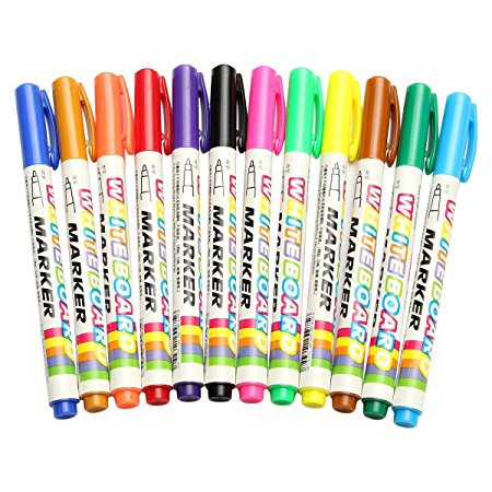 EIVOTOR Set of 12 Cute White Board Marker Erasable Whiteboard Markers Assorted Colors Liquid Chalk Marker Pen Office School Supplies for Ceramics and Other Non-porous Surfaces - Child Safe Non Toxic