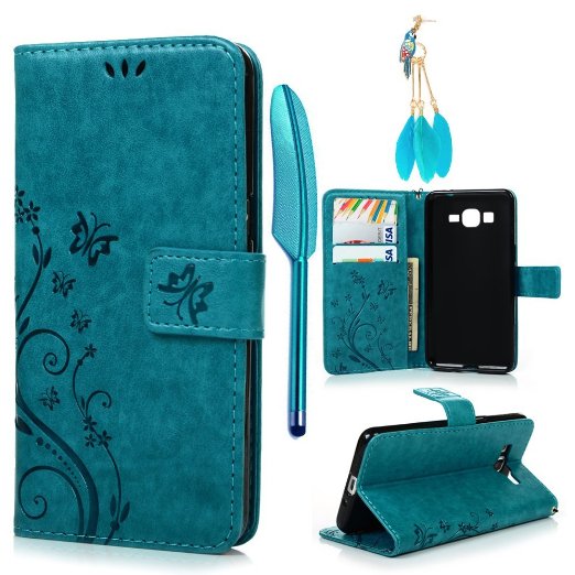 Galaxy Grand Prime G5308/G530H Case-MOLLYCOOCLE® Stand Wallet ID Holders Emboss Vintage Flower Design Flip Folio TPU Soft Bumper PU Leather Skin Cover for Samsung Galaxy Grand Prime G5308/G530H -Bule