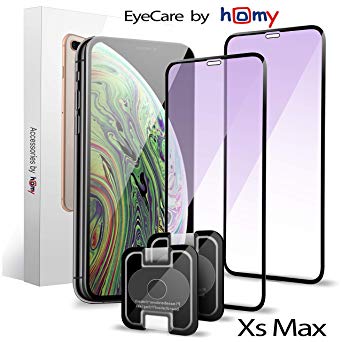 Homy Anti-Blue Light Screen Protector Kit for iPhone Xs Max [2-Pack]. 2X 9H Premium Japanese 3D Tempered Glass with UHD Clarity   2X Camera Lens Cover. Great Protection for Eyes Against Negative UV.