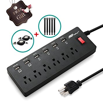 FlePow 1625W/13A 6-Outlet Surge Protector with 6 USB Charging Ports   18 Pin Retractable Cable for Iphone, Ipad and 1 Micro USB Retractable Cable for Any Micro USB Powered Device