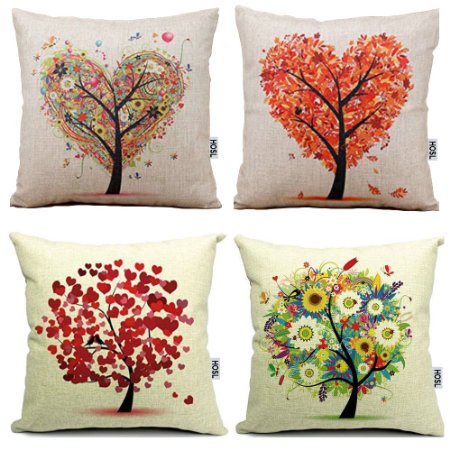 HOSL 4-Pack Cotton Linen Sofa Home Decor Design Throw Pillow Case Cushion Covers Square about 18 Inch (Set of 4 Tree Series about 17.5" x 17.5")