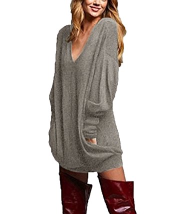 ZANZEA Women's V-neck Long Sleeve Loose Blouse Jumper Tops Mini Dress Pullover