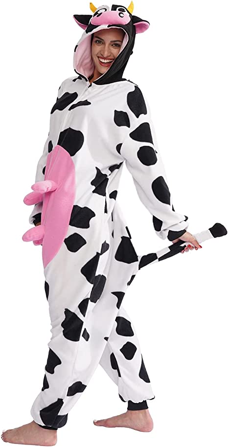 Adult Cow One Piece Pajamas Animal Cosplay Halloween Costume for Men Women