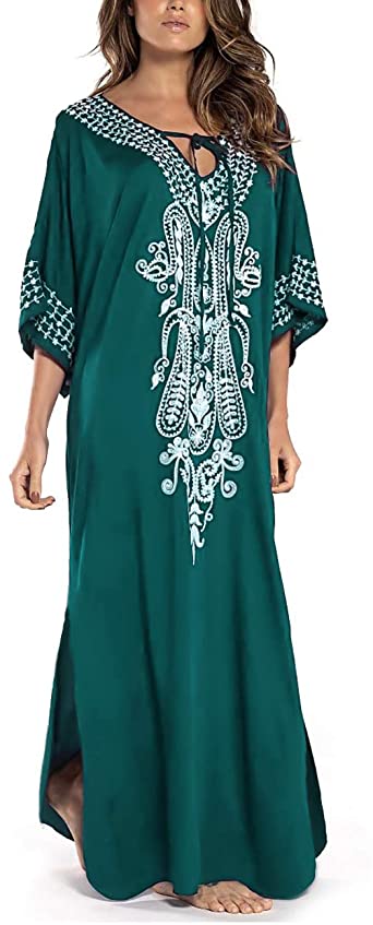 Bsubseach Women Embroidery Short Sleeve Bikini Swimsuit Cover Up Side Split Beach Kaftan Dress