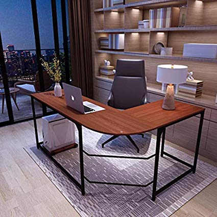 L-Shaped Corner Computer Gaming Desk, Simlife Office Standard PC Laptop Table with Reversible Tabletop Adjustable Leg Wooden Home School Workstation Lightweight Simple Double Study Desks