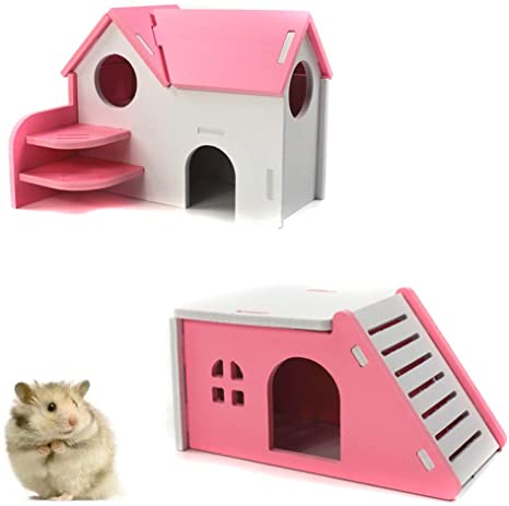 PIVBY Hamster Hideout House Wooden Living Hut Exercise Funny Nest Toy for Mouse, Chinchilla, Rat, Gerbil and Dwarf Hamster-2 Packs
