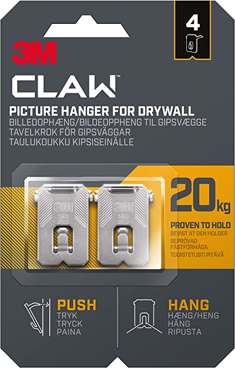 3M Claw Plasterboard Picture Hanging Wall Hooks For Hanging Home Décor, 4 Hangers, Holds up to 20 kg - Ideal for Heavyweight Items