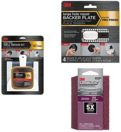 3M Large Hole Wall Repair Kit with 12 fl. oz Compound with  Repair Plates, RP6IN-4PKI, 6 inch, 4-pack and SandBlaster Dual Angle Sanding Sponge, 150-Grit