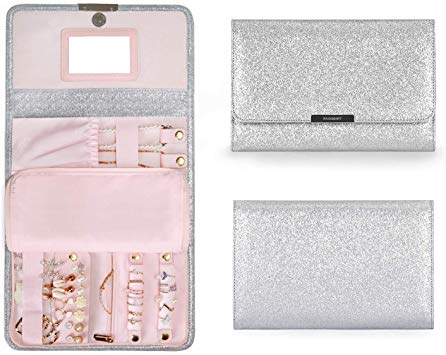 bagsmart Travel Jewelry Organizer Sequin Wallet Style Foldable Dazzling Jewelry Roll for Journey-Rings, Necklaces, Bracelets, Earrings, Silver