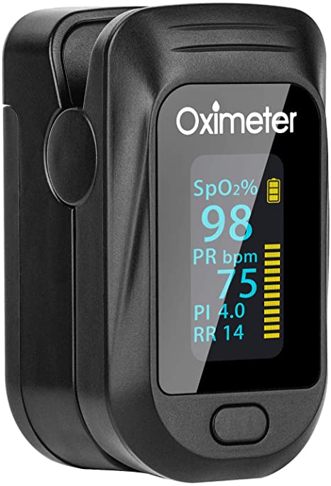 Tomorotec Fingertip Pulse Oximeter, Accurate Blood Oxygen Saturation Level (SpO2), Perfusion Index (PI), Pulse Rate (PR), Respiratory Rate (RR) Monitor with Batteries and Lanyard (Black)