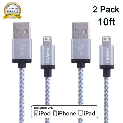 CablexTM2Pack 10FT Extra Long Nylon Braided 8 Pin Lightning to USB Charging Cable Cord with Aluminum Heads for iPhone 66s6 plus6s plus 5c5s5 iPad AirMini iPod NanoTouch White