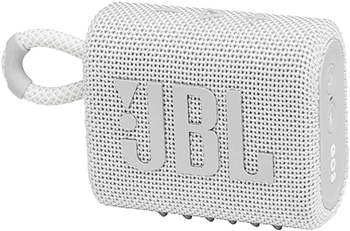 JBL GO 3 - Wireless Bluetooth portable speaker with integrated loop for travel with USB C charging cable, in white