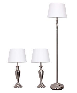 Catalina Lighting 18078-001 Combo 3-Piece Lamp Set, 14.0" x 14.0" x 59.25", Brushed Nickel Finish and White Modified Drum Shades