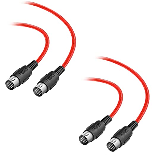 FORE 2-Pack 5-Pin DIN to 5-Pin DIN MIDI Cable for DJ Sets/Electric Drum/Keyboard/Electric Piano Color Red 10 Feet (2 Pack)