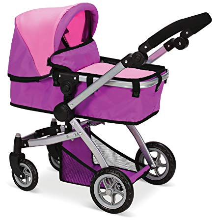 Mommy & Me Doll Collection Babyboo Deluxe Doll Pram Color Pink and Purple with Swiveling Wheels & Adjustable Handle and Free Carriage Bag - 9651B Pink And Purple