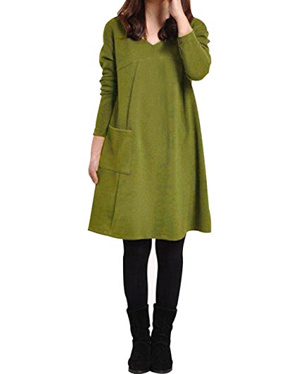 ZANZEA Women's Autumn V Neck Long Sleeve Pocket Tunic Loose Casual Mini Dress