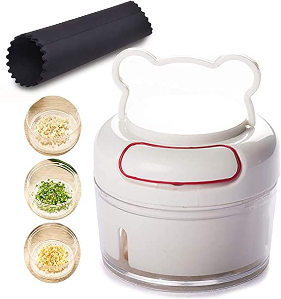 Manual Food Chopper Garlic Press - Mini Hand Crusher Mincer for Vegetable Meat Nuts Pepper Baby Food Best Tool BPA Free Easy to Assemble, Use and Clean