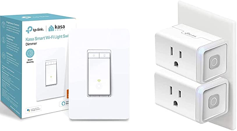 Kasa Smart Single Pole Dimmer Switch by TP-Link (HS220) - Neutral Wire and 2.4GHz Wi-Fi Connection Required, Switch for LED Lights, 1-Pack, White & Plug by TP-Link (HS103P2) - 2-Pack, White