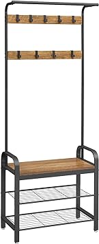 Kusport Coat Rack, Hall Tree with Shoe Bench for Entryway, Entryway Bench with Coat Rack, 4-in-1, with 9 Removable Hooks, a Hanging Rod, measuring 13.3 x 28.3 x 72.1 inches
