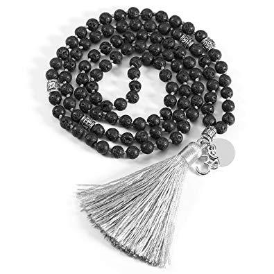Jovivi Personalized Custom 6mm Lava Stone Essential Oil Necklace Om Mani Padme Hum Prayer 108 Beads Mala Bracelet w/Tassels