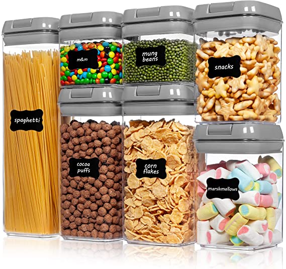 Airtight Food Storage Containers,Vtopmart 7 Pieces BPA Free Plastic Cereal Containers with Easy Lock Lids, for Kitchen Pantry Organization and Storage, Include 24 Labels,Gray