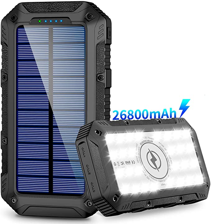 Solar Charger, 26800mAh Portable Charger Wireless Solar Power Bank Fast Charge with 4 Outputs and 28 LEDs External Backup Battery Phone Charger for Outdoor for iOS Android