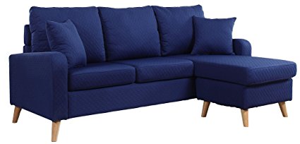 Divano Roma Furniture Mid Century Modern Linen Fabric Small Space Sectional Sofa with Reversible Chaise (Dark Blue)