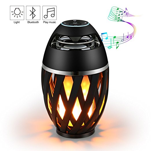 Led Flame Speaker,ELEGIANT Bedside LED Lamp Wireless Speaker, Outdoor Torch Atmosphere Portable Stereo Speaker with HD Audio and Enhanced Bass Sound for Ipad Iphone Android Phones Black