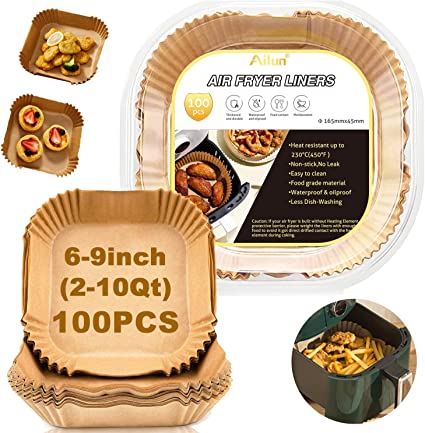 Ailun Air Fryer Disposable Paper Liners, 100PCS Non-Stick Air Fryer Parchment Liner, Oil Resistant, Waterproof, Food Grade Baking Paper for 2-5 QT Air Fryer Baking Roasting Microwave 6.5inch Square