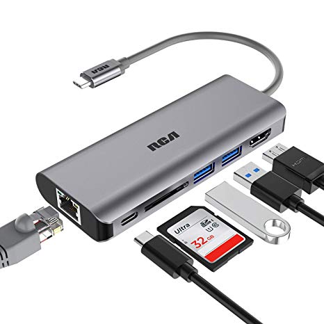 USB C Hub, RCA 6 in 1 Type C Hub with Ethernet, 4K HDMI, 2 USB 3.0 Ports, SD Card Reader, USB C Power Delivery, Portable hub for MacBook Pro and Other Type C Laptops