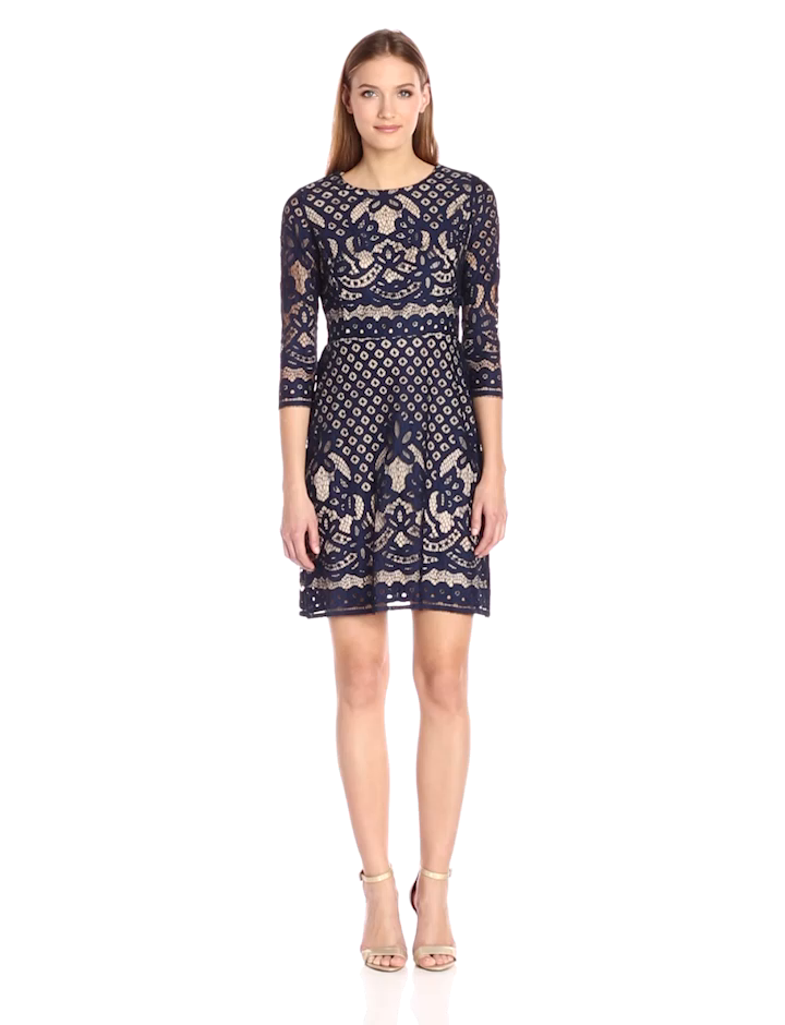Gabby Skye Women's Long Sleeved Crochet Lace Fit and Flare Dress