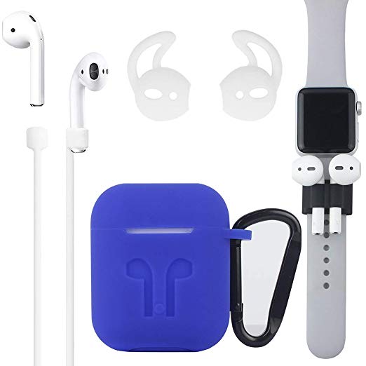 Airpods Case, [Airpods Accessories Set][Airpods Ear Hook][Airpods Watch Band Holder][Airpods Keychain][Airpods Strap][Silicone Cover] Best Kit [XCITING] for Apple AirPods Charging (Blue Kit)