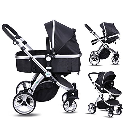 Amzdeal Baby Pram, 2 in 1 Baby Stroller Pushchair, Luxury Reversible Toddler Stroller for 0-3 Years Old Outdoor Jogger Travel Bearing 20kg, 2018 Design(Black)