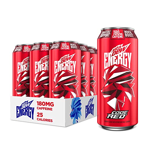 Moutain Dew ENERGY, Code Red, 16oz Cans (12 Pack), 0g added sugar, 5% juice, Zinc to help support immune function, Citicoline and caffeine for mental boost*, Antioxidants Vitamins A&C