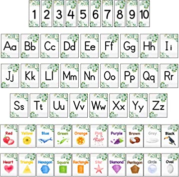 56 Pieces Alphabet and Number Bulletin Board Set Manuscript Bulletin Board Cards Educational Preschool Cards Eucalyptus Colors Shapes Early Childhood Education Posters for Kids Classroom Decoration