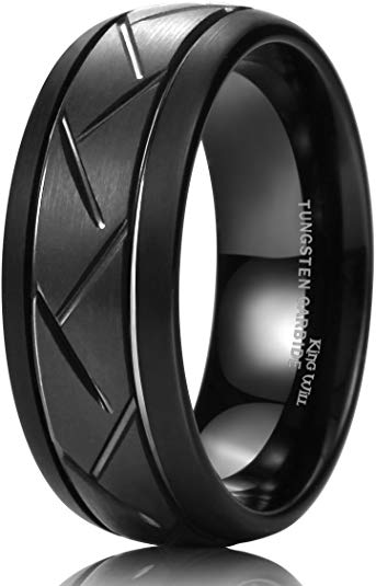 King Will TYRE 8mm Black/Silver Domed Tungsten Carbide Ring Matte Finish Groove Design Wedding Bands Comfort Fit