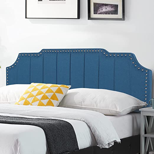 VECELO Upholstered Nail Trim Decor Headboards Blue Fabric Modern Bed Backboard, King Size, King/Cal King