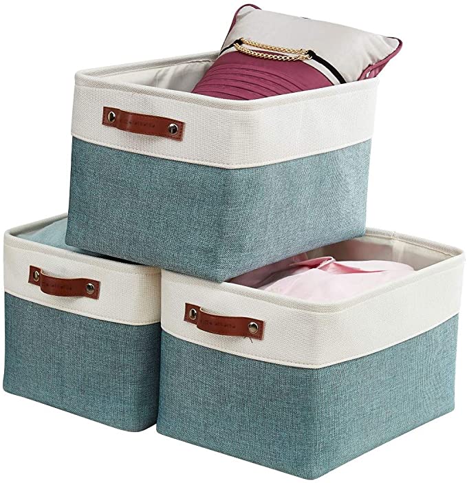 DECOMOMO Storage Baskets | Storage Boxes Fabric Organiser Storage for Wardrobe, Toys, Shelves, Office, Home & Nursery (Large Green and White 15 x 11 x 9.5 – Set of 3)