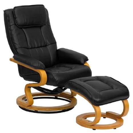 Flash Furniture BT-7615-BK-CURV-GG Contemporary Black Leather ReclinerOttoman with Swiveling Maple Wood Base