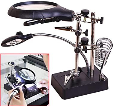 Magnifying Helping Hands Station,Desktop Magnifier with LED Light Magnifying Glass Stand with Clamp and Alligator Clips 2.5X 7.5X 10X