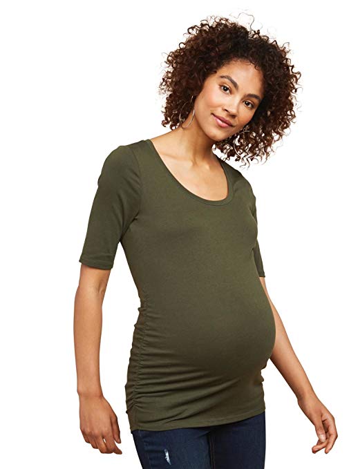 Motherhood Maternity Women's Maternity Elbow Sleeve Scoop Neck Side Ruched Tee Shirt