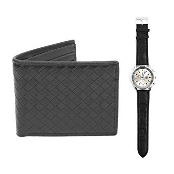 Men’s White Face Analog Wrist Watch & Black Leather Wallet Gift Set Box