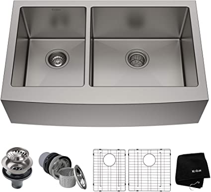 Kraus KHF204-33 Standart PRO Kitchen Stainless Steel Sink 16 Guage, 32.88", 33 Inch Round Apron 40/60 Double Bowl