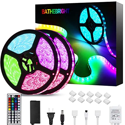 LED Strip Lights, BATHEBRIGHT 32.8ft RGB Rope Light Strip Kit with Remote Ideal for Room, Home, Kitchen, Party,Color Changing Led Strip SMD5050 with 3M Adhesive and Clips, 12V Power Supply
