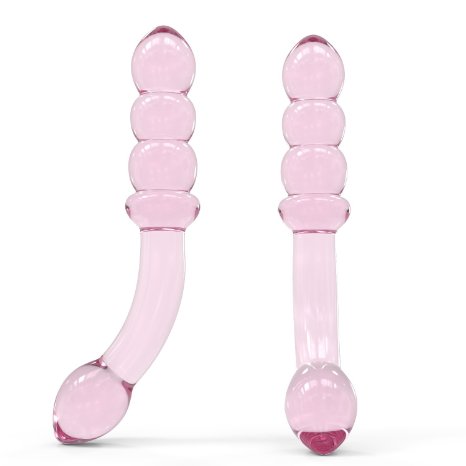 Doubled-Ended Glass Dildo by Healthy Vibes (Pink, 7") - Curved Dildo with Pleasure Texture for Ultimate G-Spot Stimulation for Her, Anal Dildo with P-Spot Simulation for Him - Premium Tempered Pyrex
