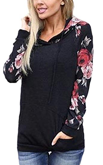 Angashion Women's Floral Printed Long Sleeve Pullover Hoodies Sweatshirt Pocket