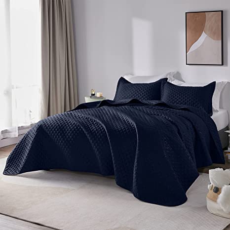 CozyLux Quilt Sets King Size Navy Blue 3 Pieces - Lightweight Soft Bedspread - Lantern Ogee Pattern Coverlet Bedding Set for All Season - 1 Quilt and 2 Pillow Shams - Navy, 106"x96"