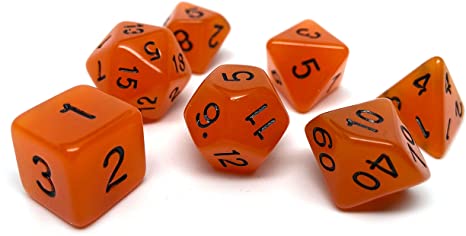 Glow in The Dark Polyhedral Dice Set - 7 Piece Dice Set with One D20, D12, D10, D8, D6, D4, and D00 (Orange with Black Font)