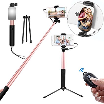Bluetooth Selfie Stick,Selfie Stick Tripod Extendable Monopod Selfie Stick with Big View Finder Mini Tripod Stand, Rear Mirror, Bluetooth Remote Control & Wired Built-in Remote Shutter for iOS & Android Smartphones (RoseGold)